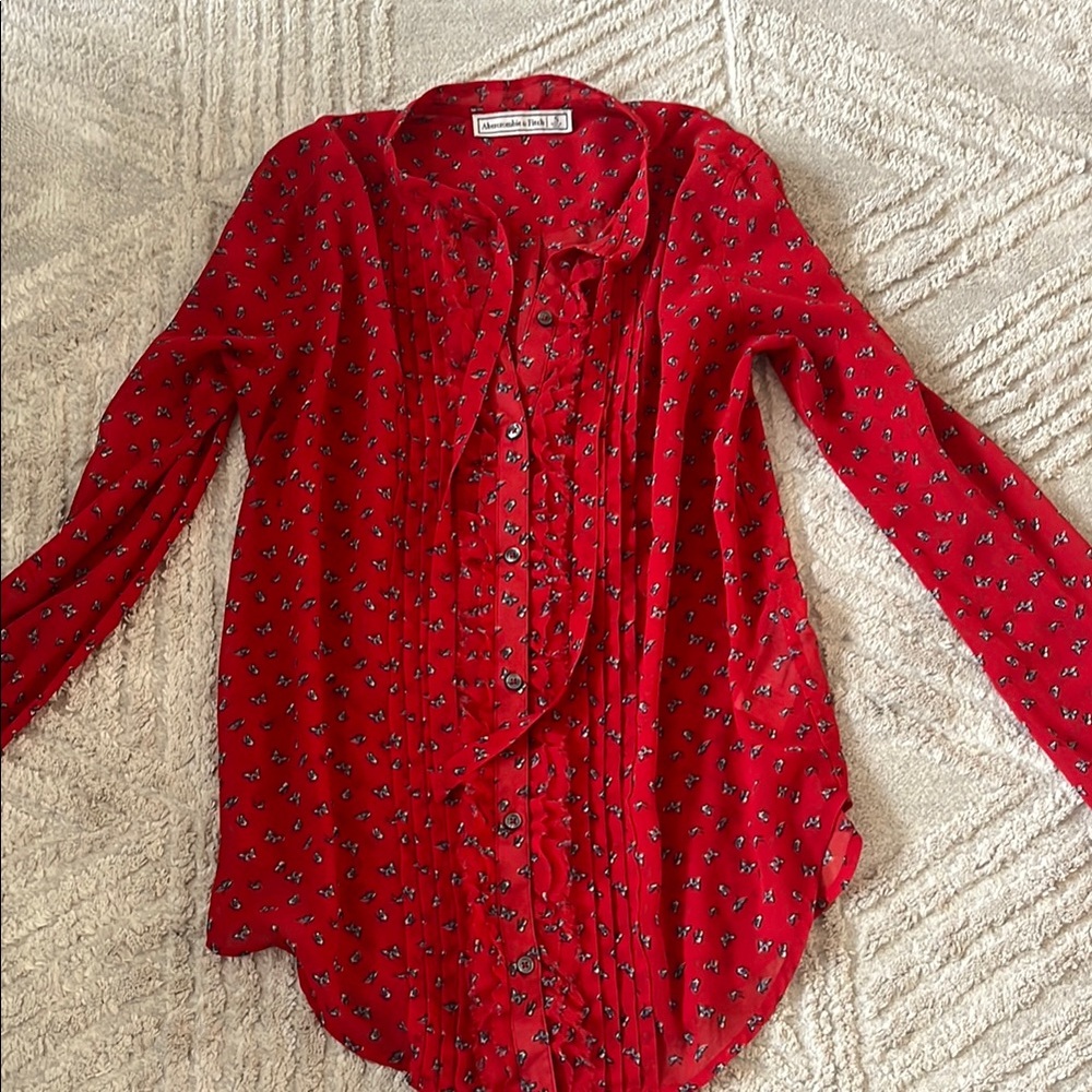 Abercrombie & Fitch Red Button Down Shirt with Peter Pan Collar